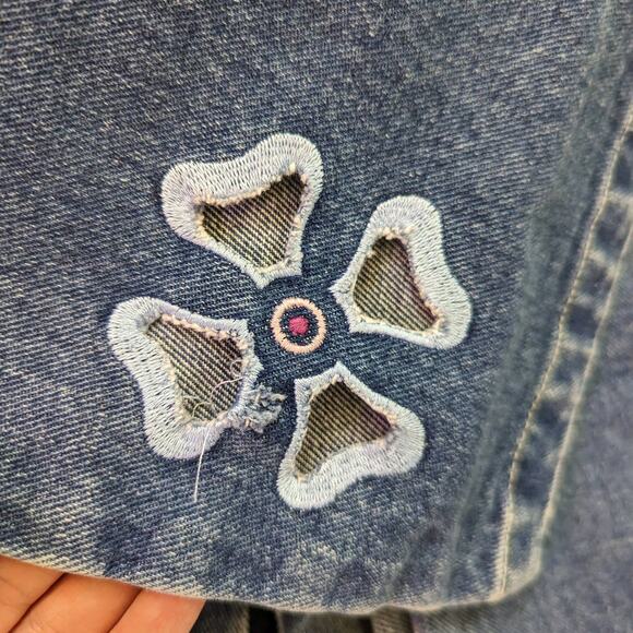 Vintage Y2K Floral Embroidered Cut Out Jeans Bootcut 70s Hippie Retro Bimbo Blue - Picture 4 of 6